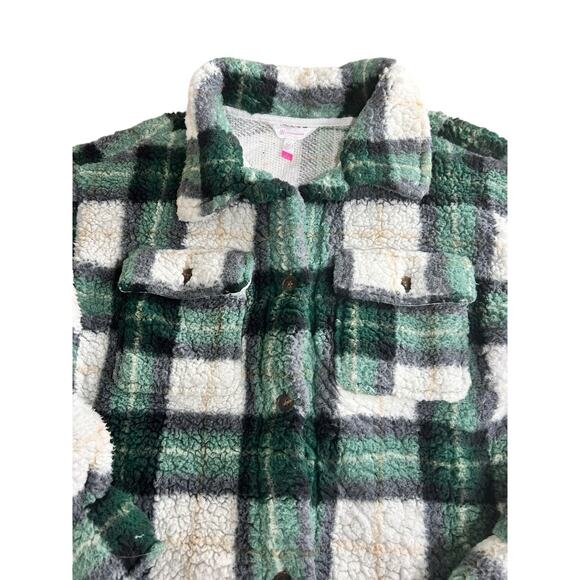 Plaid Sherpa Jacket Sz Large Thick Soft Button Front Pocket Shacket - Picture 4 of 9